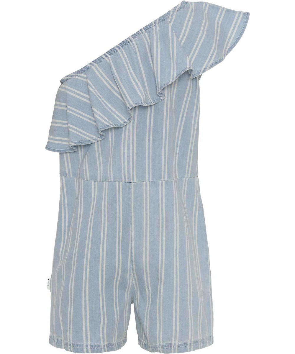 Amira - Striped Chambrey - Ljusblå asymmetrisk byxdräkt med vita ränder.