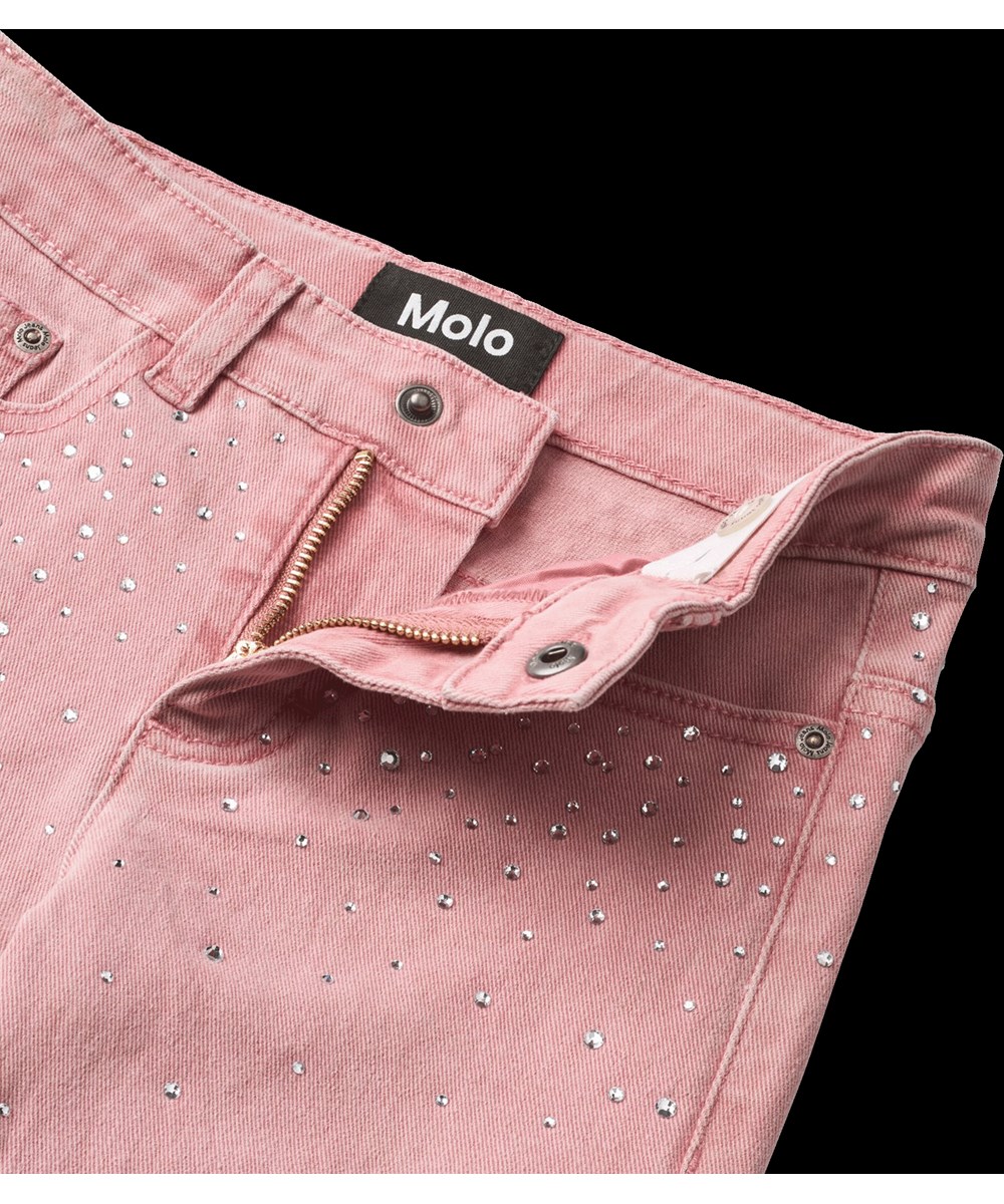 Asta - Blush Rhinestone - Rosa stretchjeans för barn i ekologisk bomull med strass.