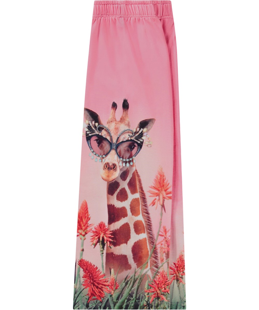 Aurita - Fancy Giraf - Rosa jerseybyxor i ekologisk bomull med orange blomma, giraff och kanintryck.