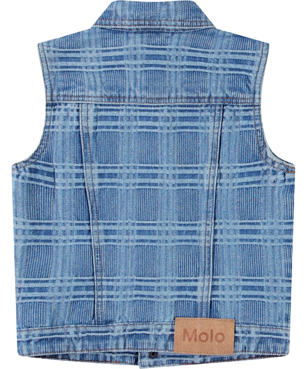Hertha - Washed Check - Blå denimväst för barn i bomull med bröstfickor.