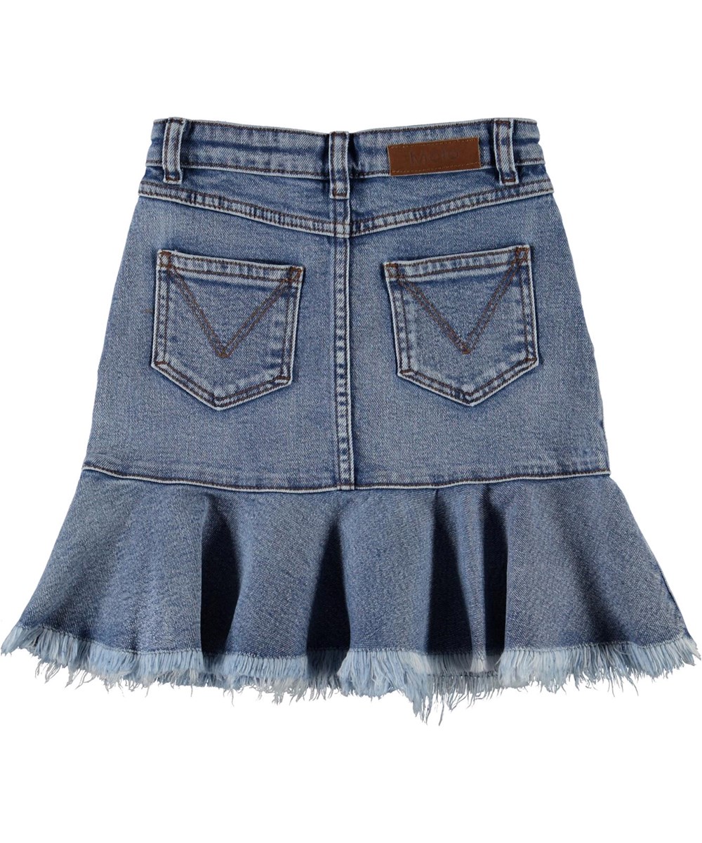 Barbro - Stone Blue - Blå jeanskjol med sliten kant