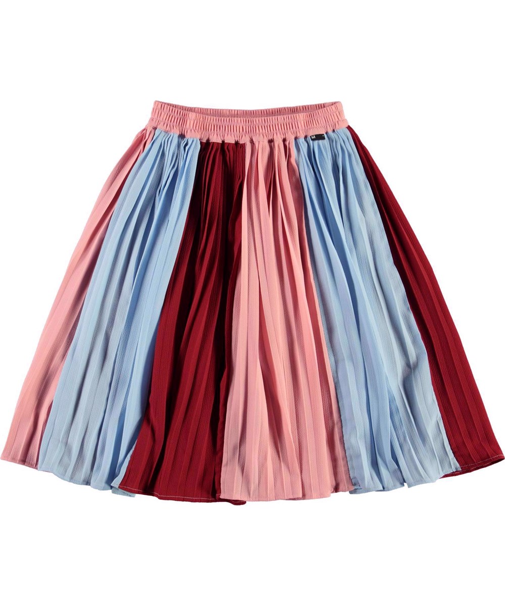 Becky - Block Pleats - Rosa, röd och ljusblå plisserad kjol.