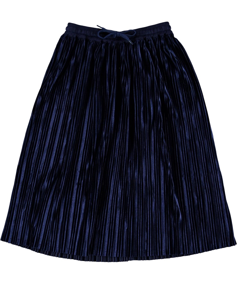 Becky - Ink Blue - Blå plisserad velour kjol