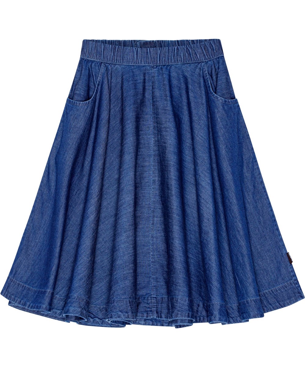 Bell - Mid Blue Wash - Blå jeanskjol i ekologisk bomull med sidfickor.