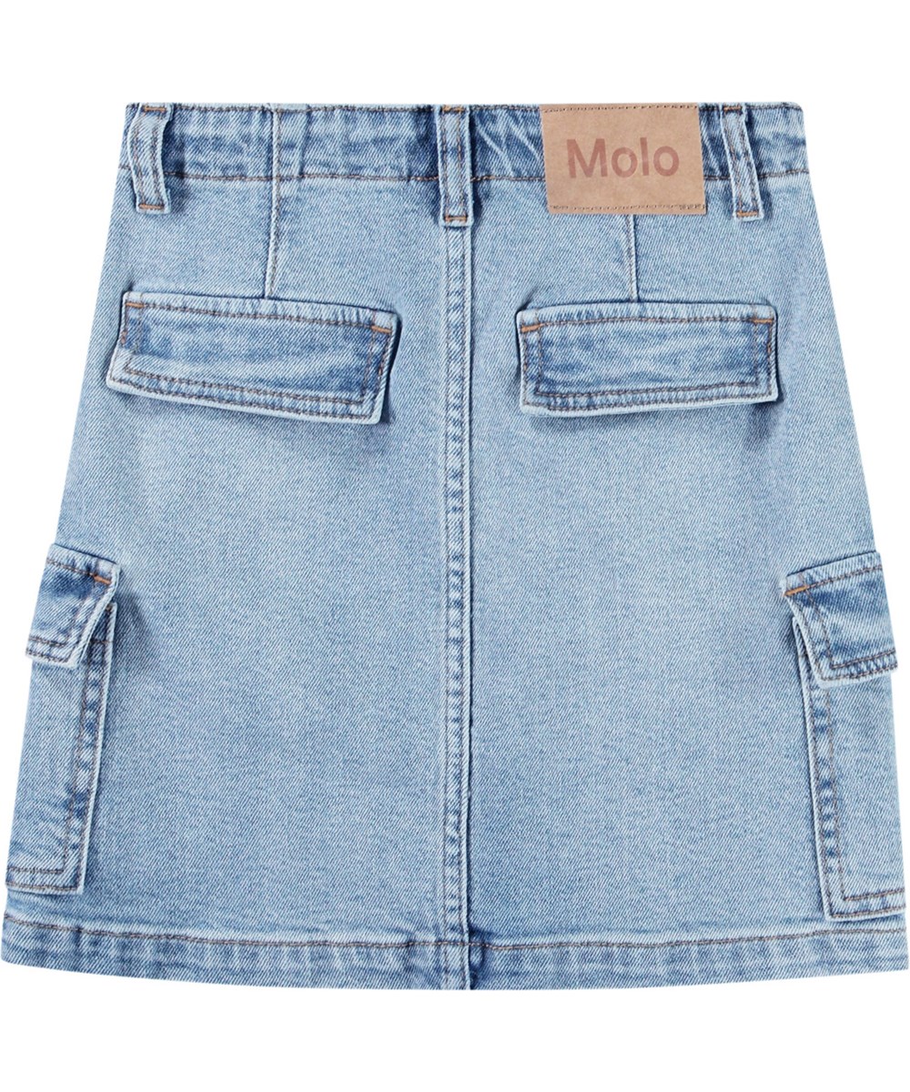 Belli - Distressed Washed - Blå jeanskjol i ekologisk bomull med lastfickor på sidan för barn.