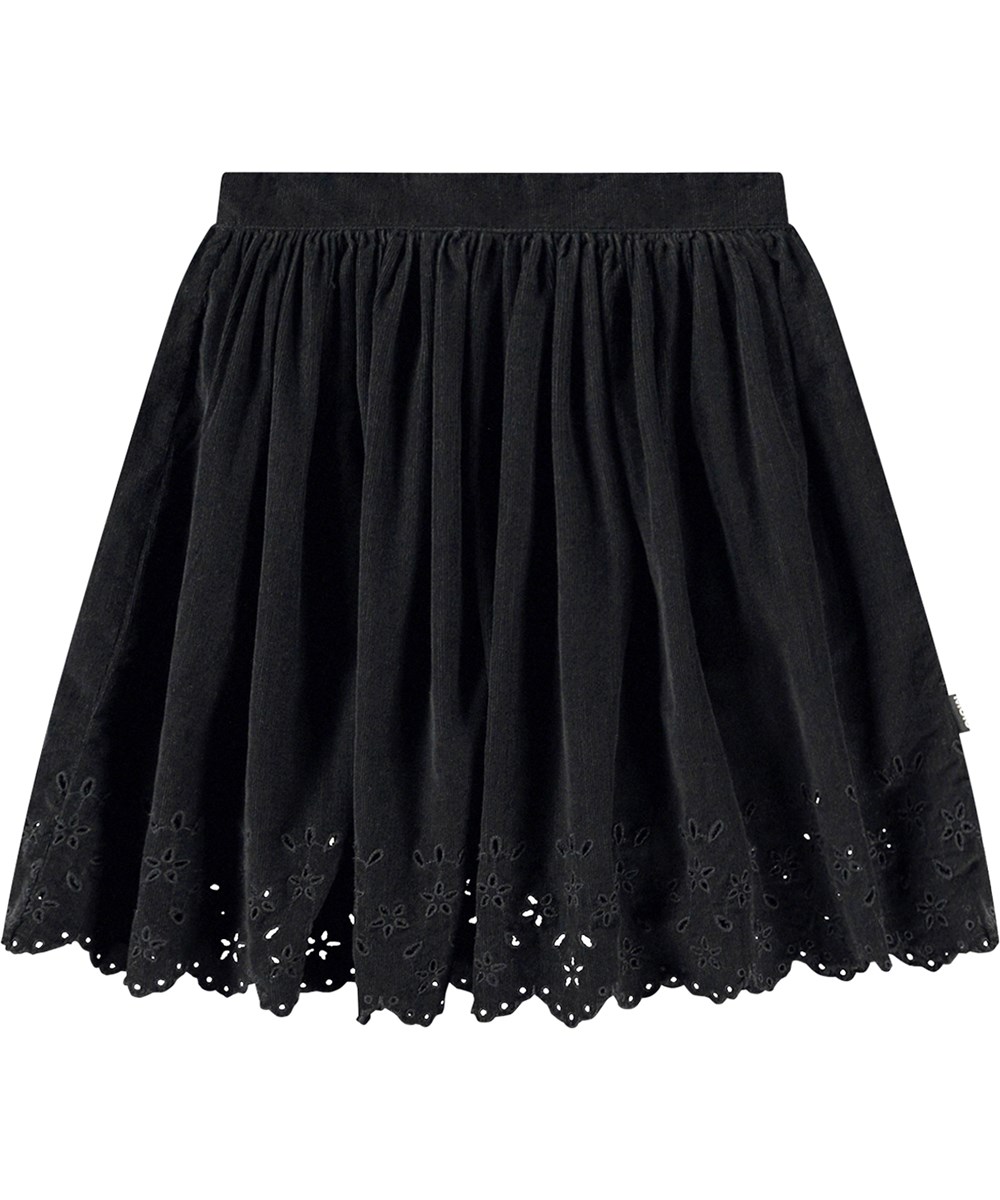 Bellis - Black - Knälång svart sammetkjol med spetsblommönster, elastisk midja.