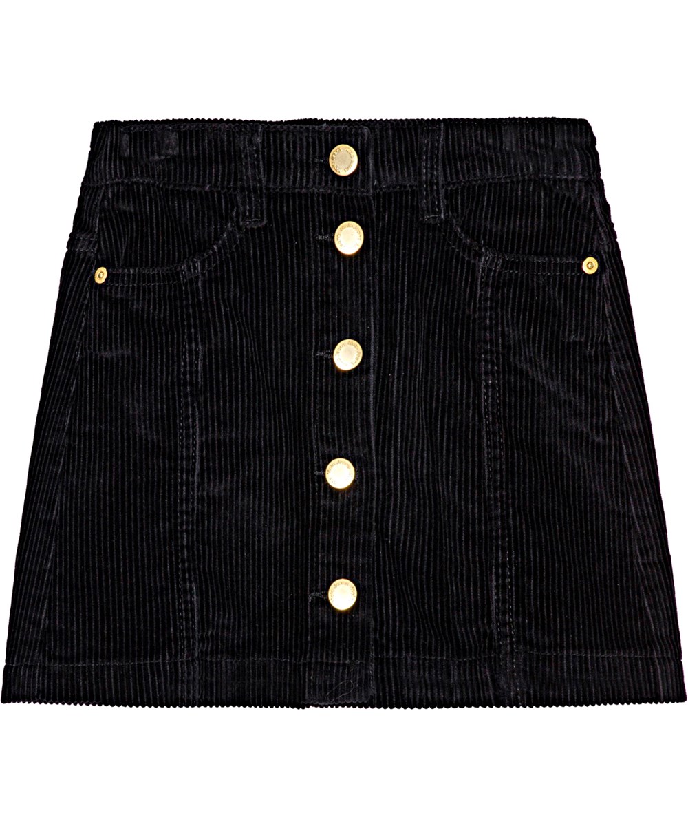 Bera - Black - Mörksvart sammetsskjol som når till mitten av låret med guldiga knappar och detaljerad sömnad.