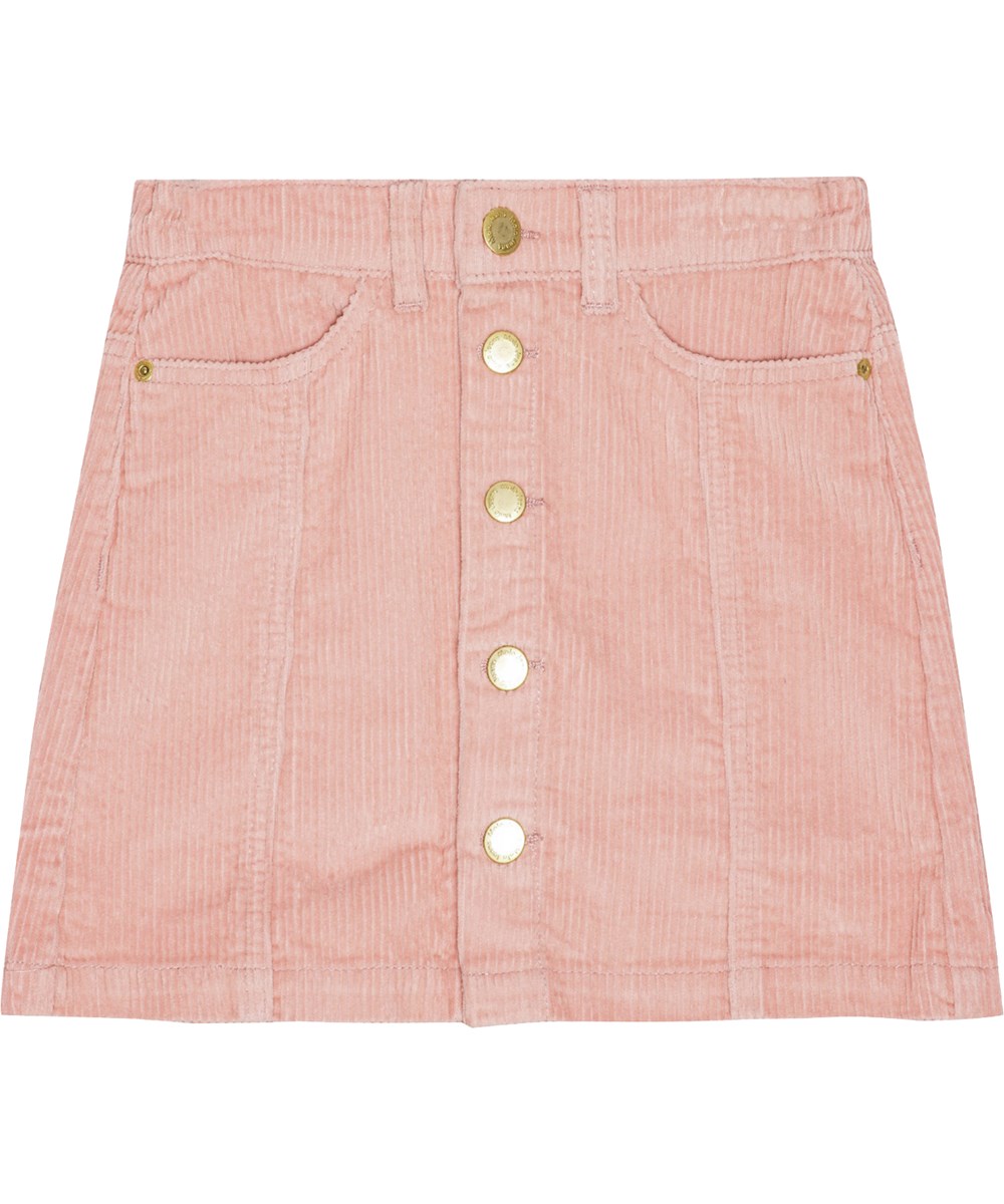 Bera - Petal Blush - Puderfärgad sammetsskjol med guldiga knappar och detaljerad sömnad.