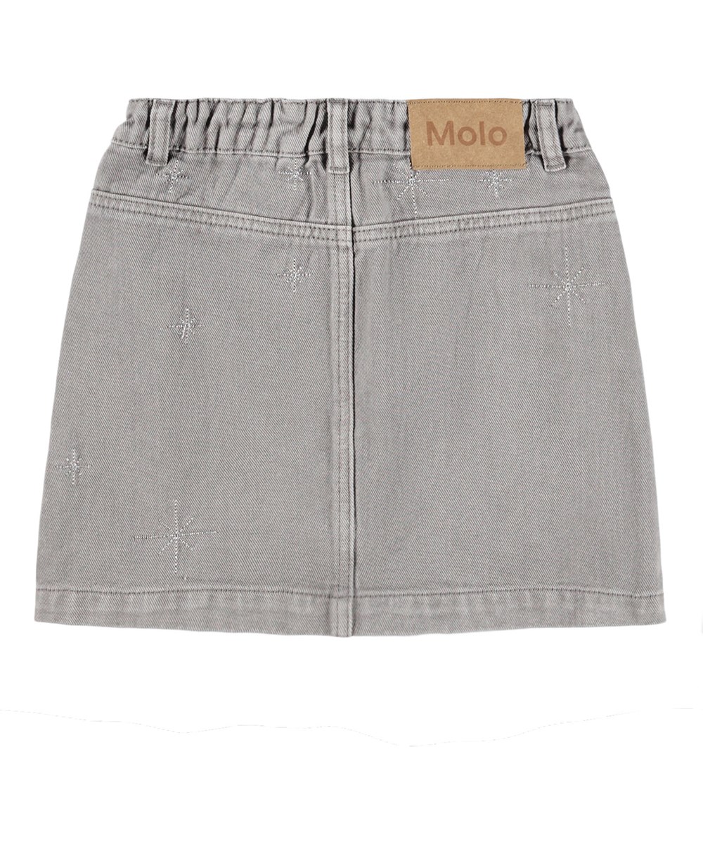 Bera - Washed Grey - Grå kjol för barn i bomullstwill med knappstängning och fint silverbroderi.