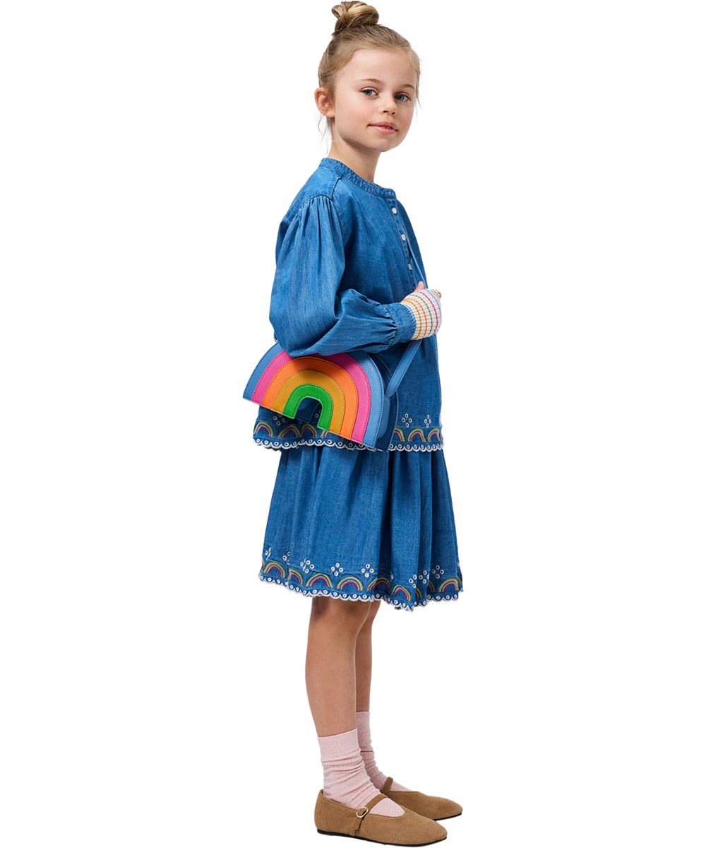 Bernie - Wonder Rainbow - Blå denimkjol för barn i ekologisk bomull med ett broderi