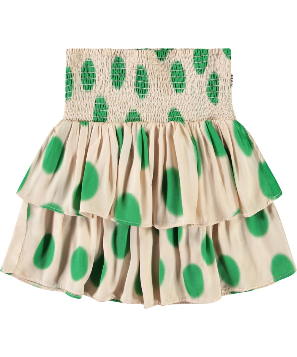 Bonita - Green Dots - Beige knälång kjol med gröna prickar i viskos med smock i midjan för barn.