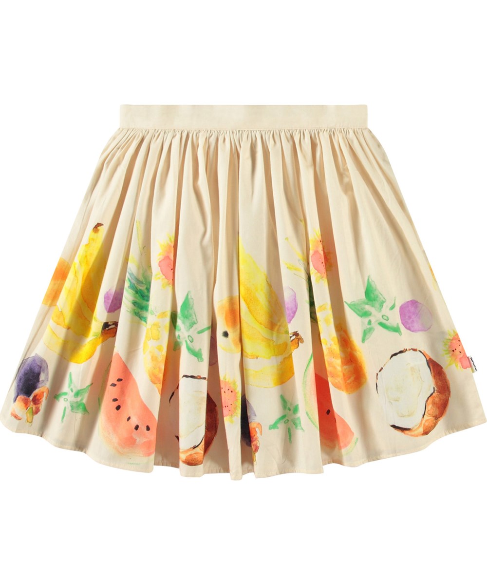 Bonnie - Dancing Fruits - Beige knälång bomullskjol med fruktmönster för barn.