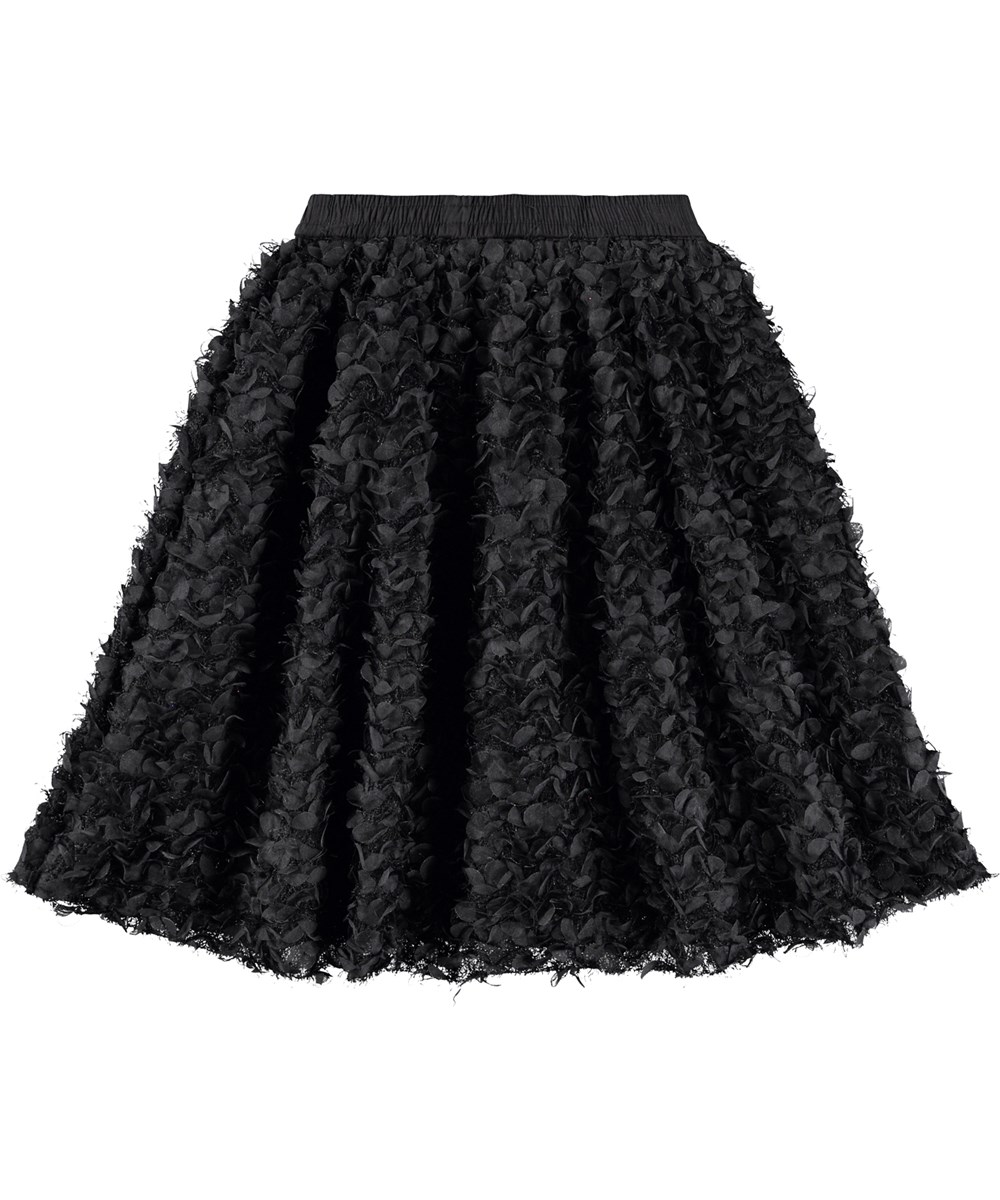 Breena - Black - Volyminös knälång svart kjol för barn med blommor och fransar.