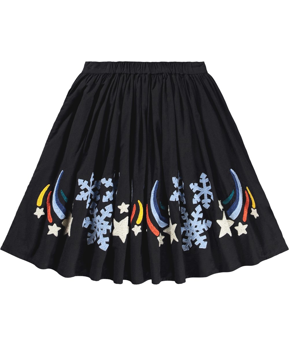 Brunhilda - Shooting Star - Svart knälång kjol för barn gjord av ekologisk bomull med broderi.