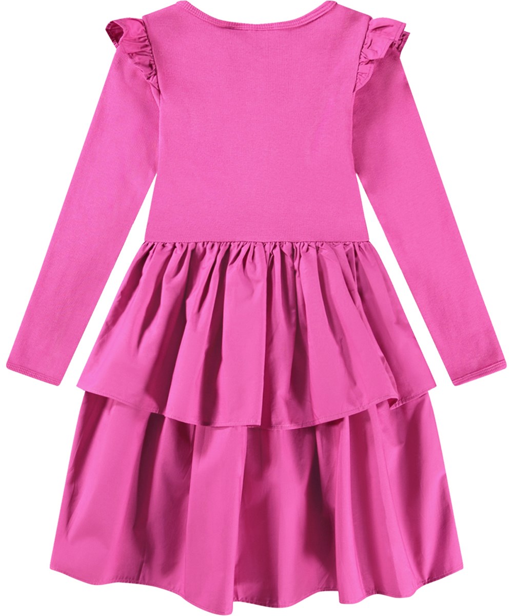 Cathi - Baya Pink - Rosa klänning i ekologisk bomull med en ribbad jerseytopp och volangaxlar.