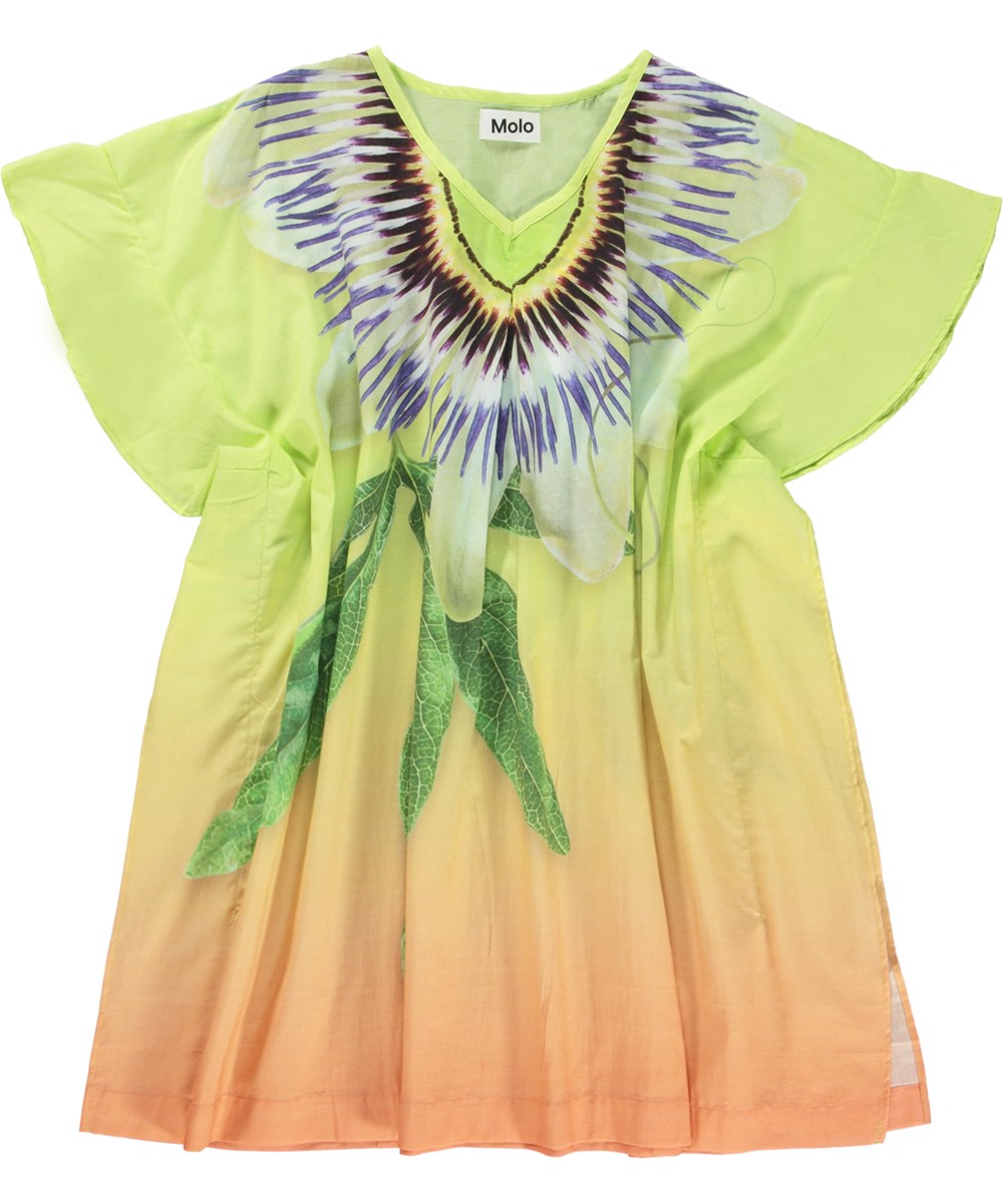 Cayla - Passion - Ekologisk grön och orange tunika med volangärmar.