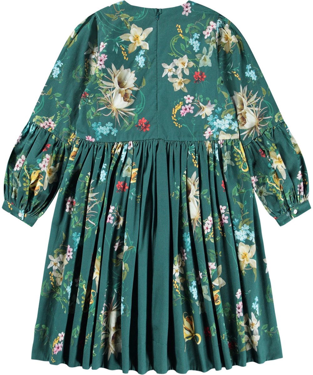 Cece - Cosmic Paisley - Lång grön klänning i ekologisk bomullspoplin med blommigt mönster.