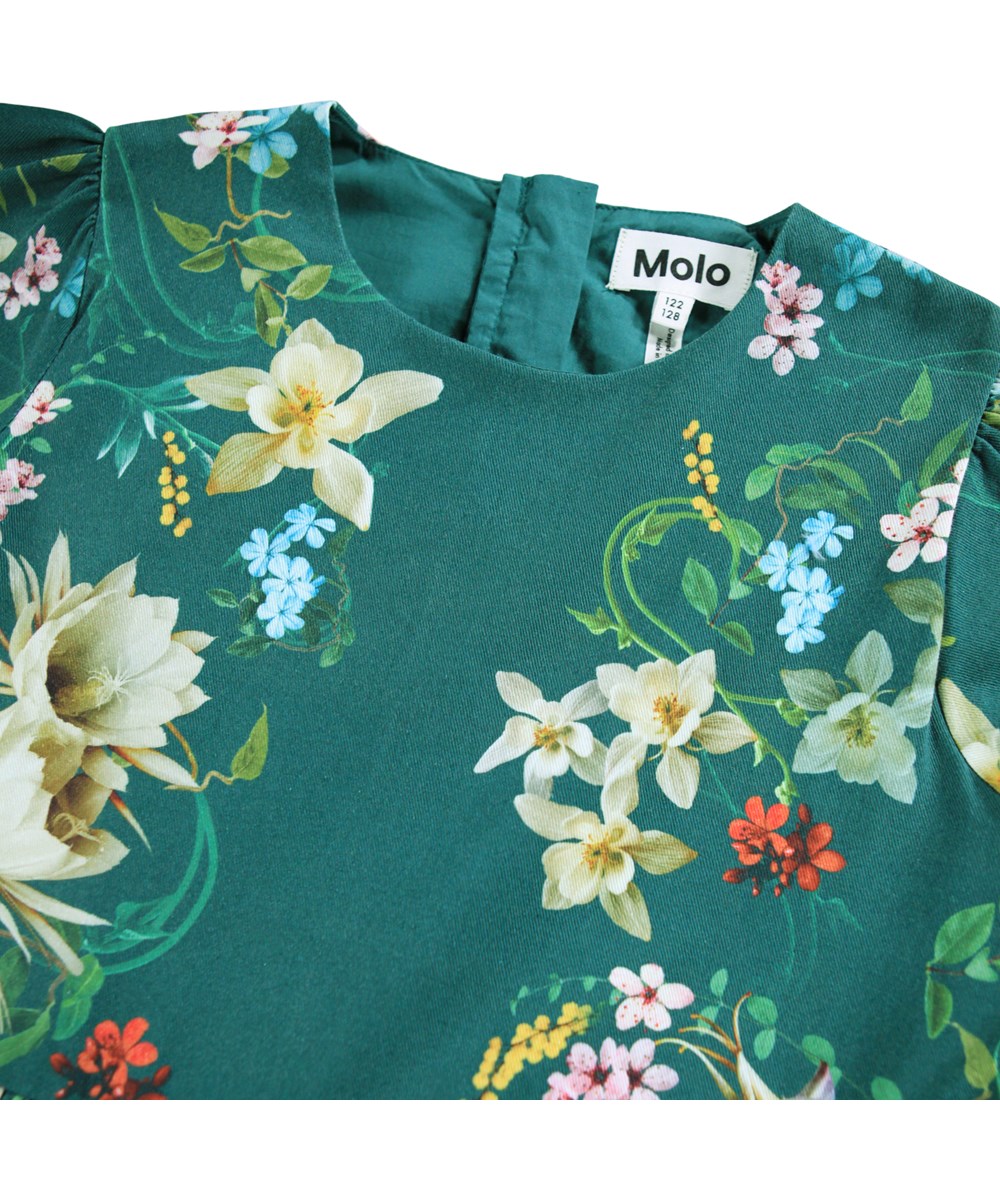 Cece - Cosmic Paisley - Lång grön klänning i ekologisk bomullspoplin med blommigt mönster.