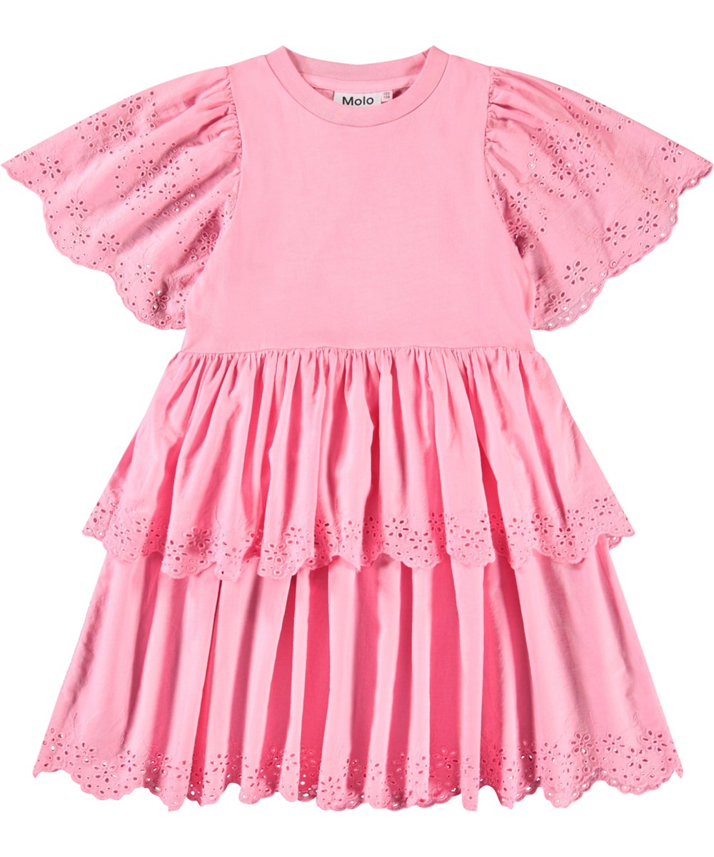 Ceelia - Pink Lemonade - Rosa knälång klänning för barn i ekologisk bomull med en rund halsringning och ribbad kant.