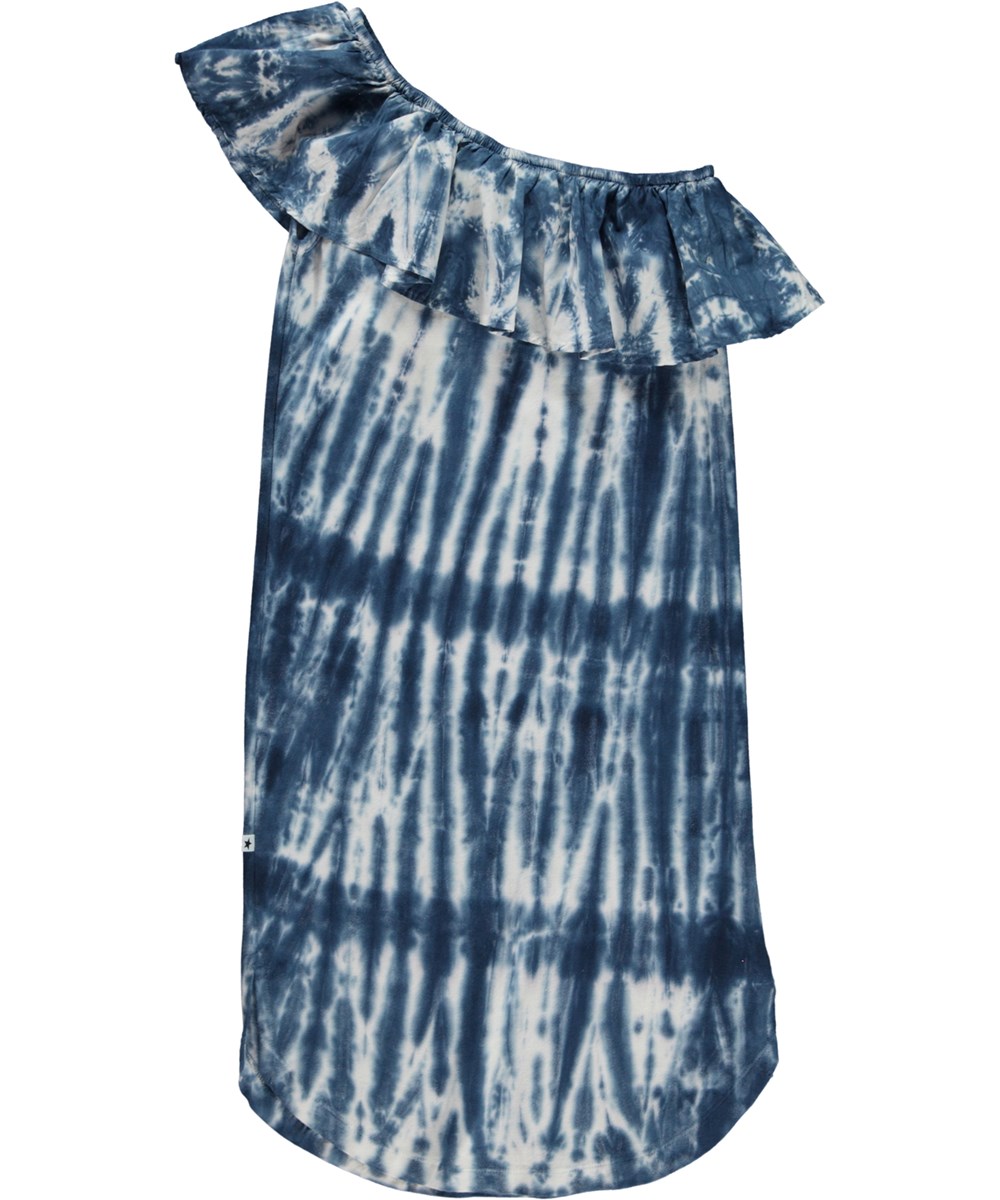 Chadee - Tie Dye Vertical - Ekologisk sned blå klänning med volang i tie-dye.