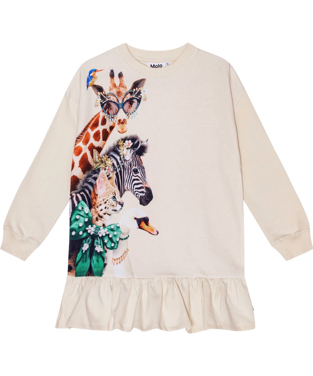 Cherice - Hello - Mjuk ekologisk bomull off-white jersey klänning med lekfullt djurtryck.