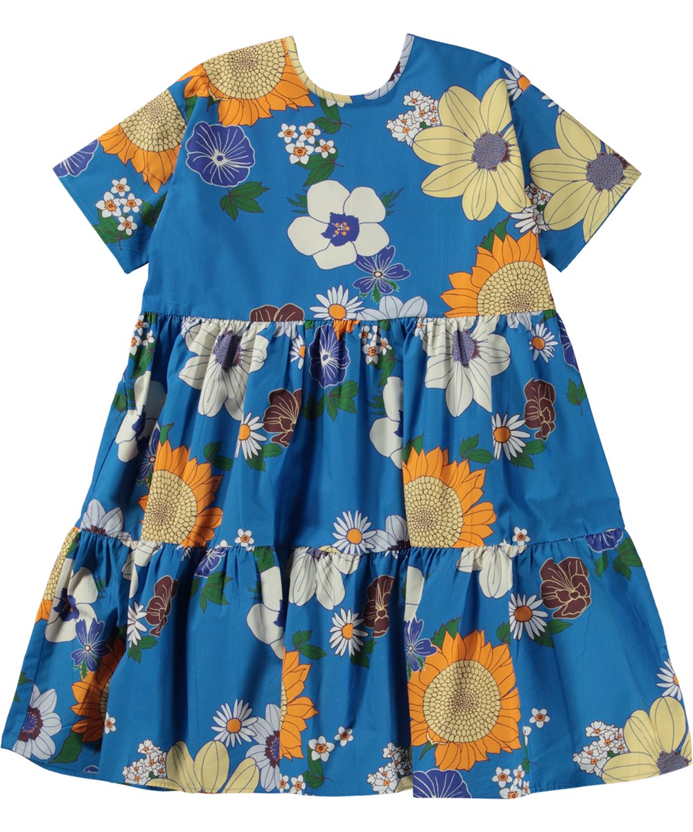 Chilla - Floral Retro - Blå ekologisk knälång klänning med blommigt mönster.