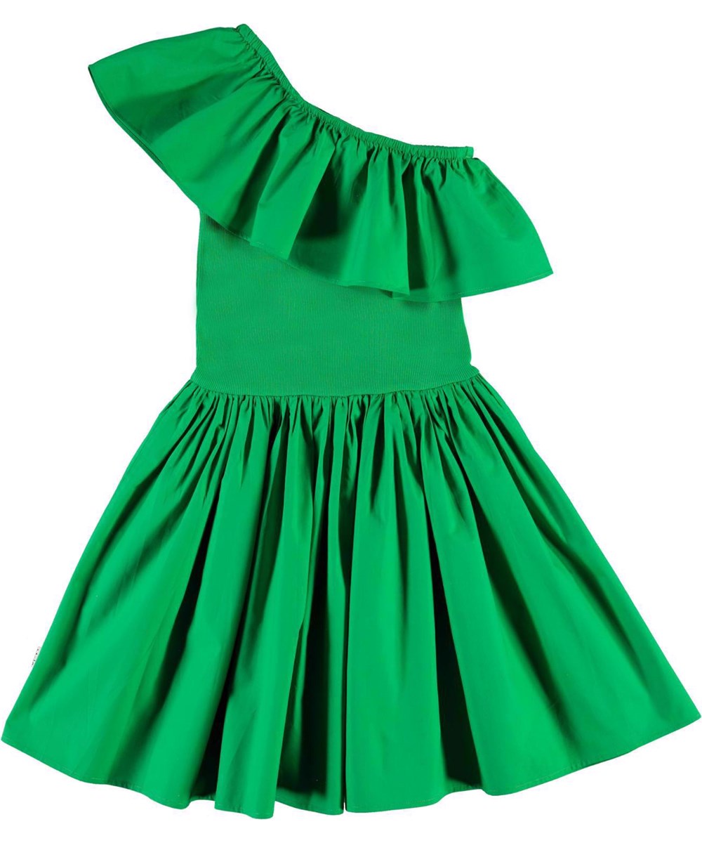 Chloey - Green Bee - Ekologisk grön asymmetrisk klänning med volangkant.