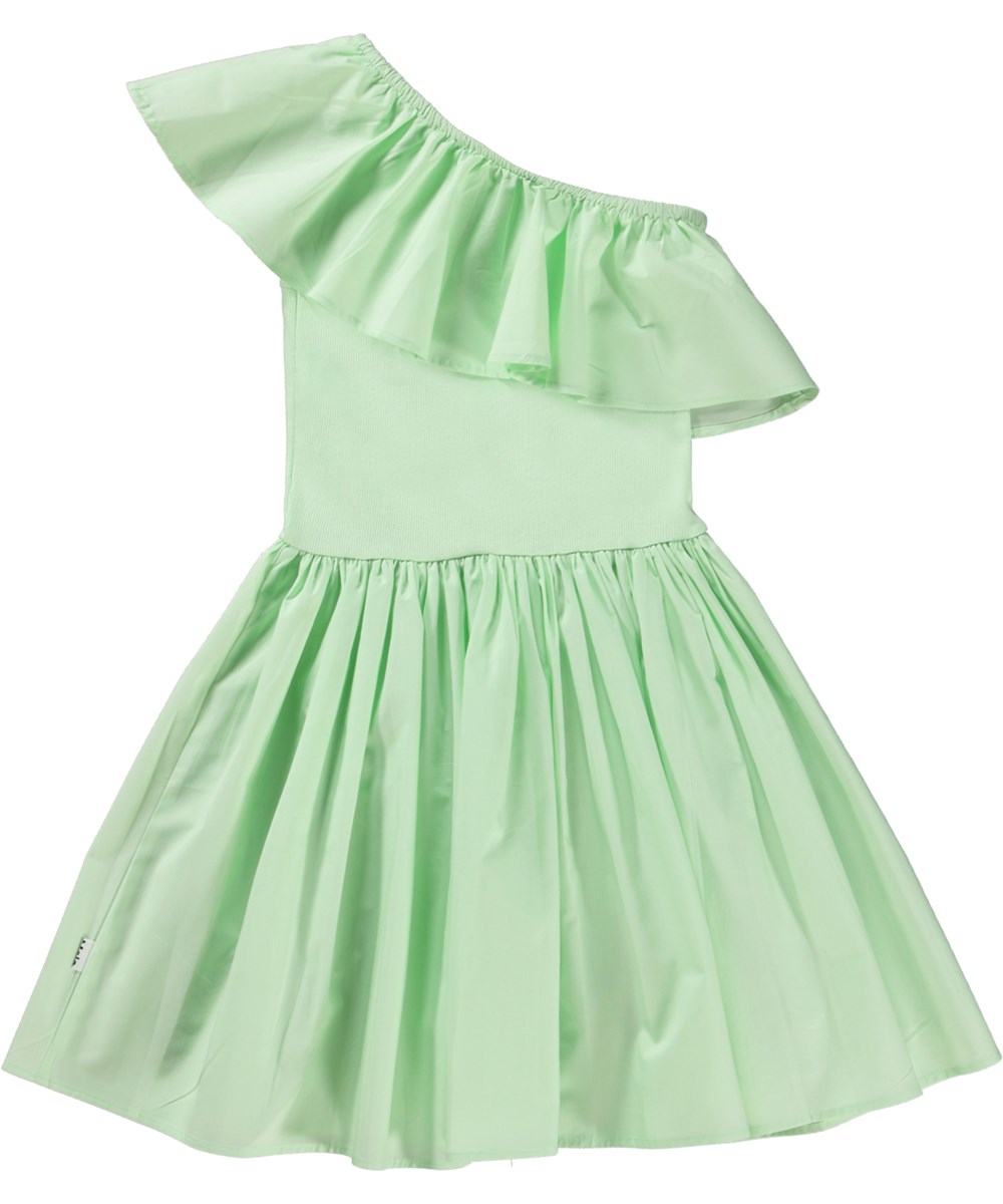 Chloey - Pale Pear - Ekologisk ljusgrön enaxlad klänning med rundad kjol.