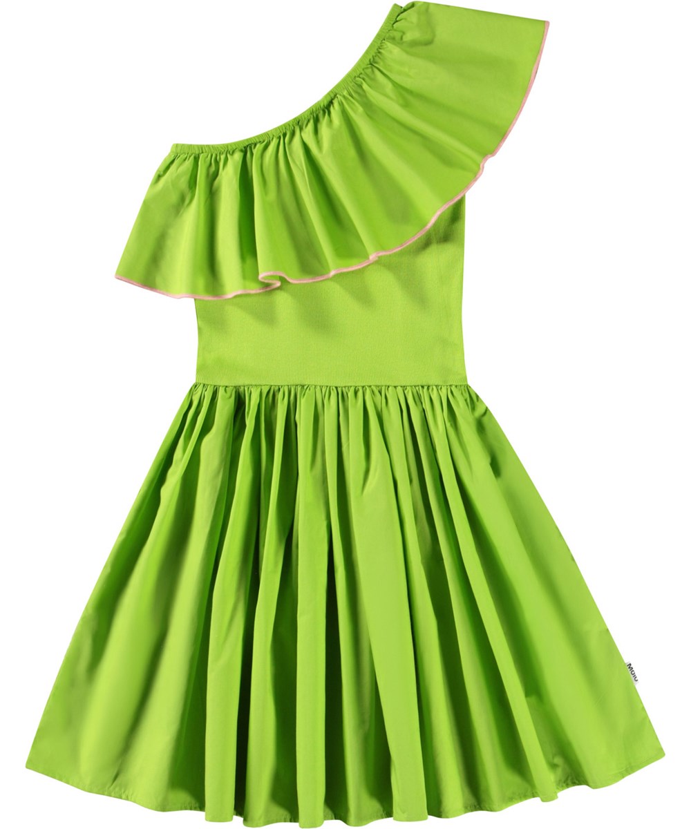 Chloey - Apple Green - Grön enaxlad klänning i ekologisk bomull med en bred poplinvolang.