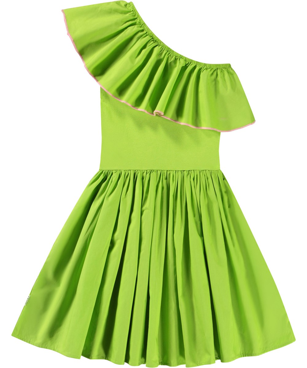 Chloey - Apple Green - Grön enaxlad klänning i ekologisk bomull med en bred poplinvolang.