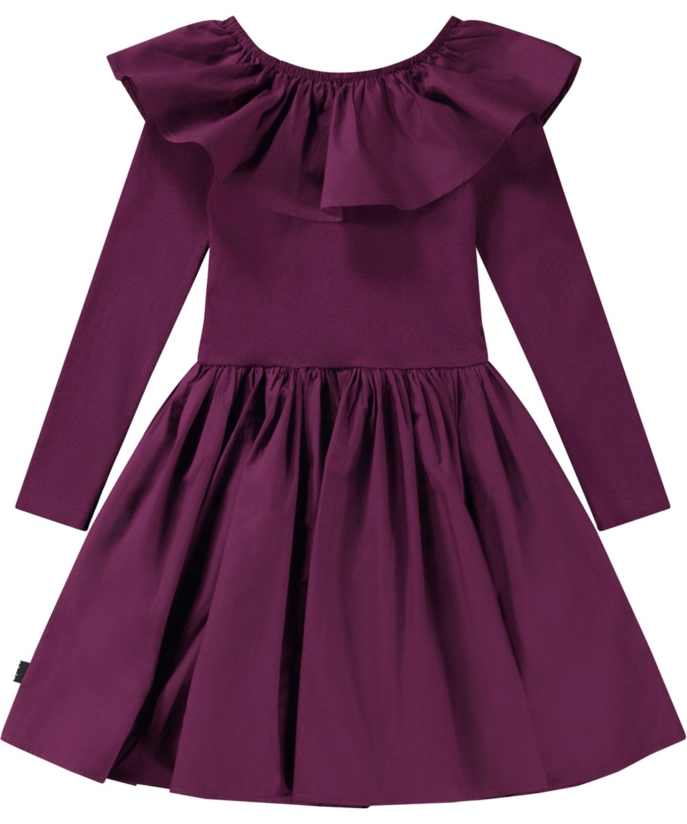 Cille - Purple Shadow - Lila ekologisk knälång klänning med poplinkrage och kjol.