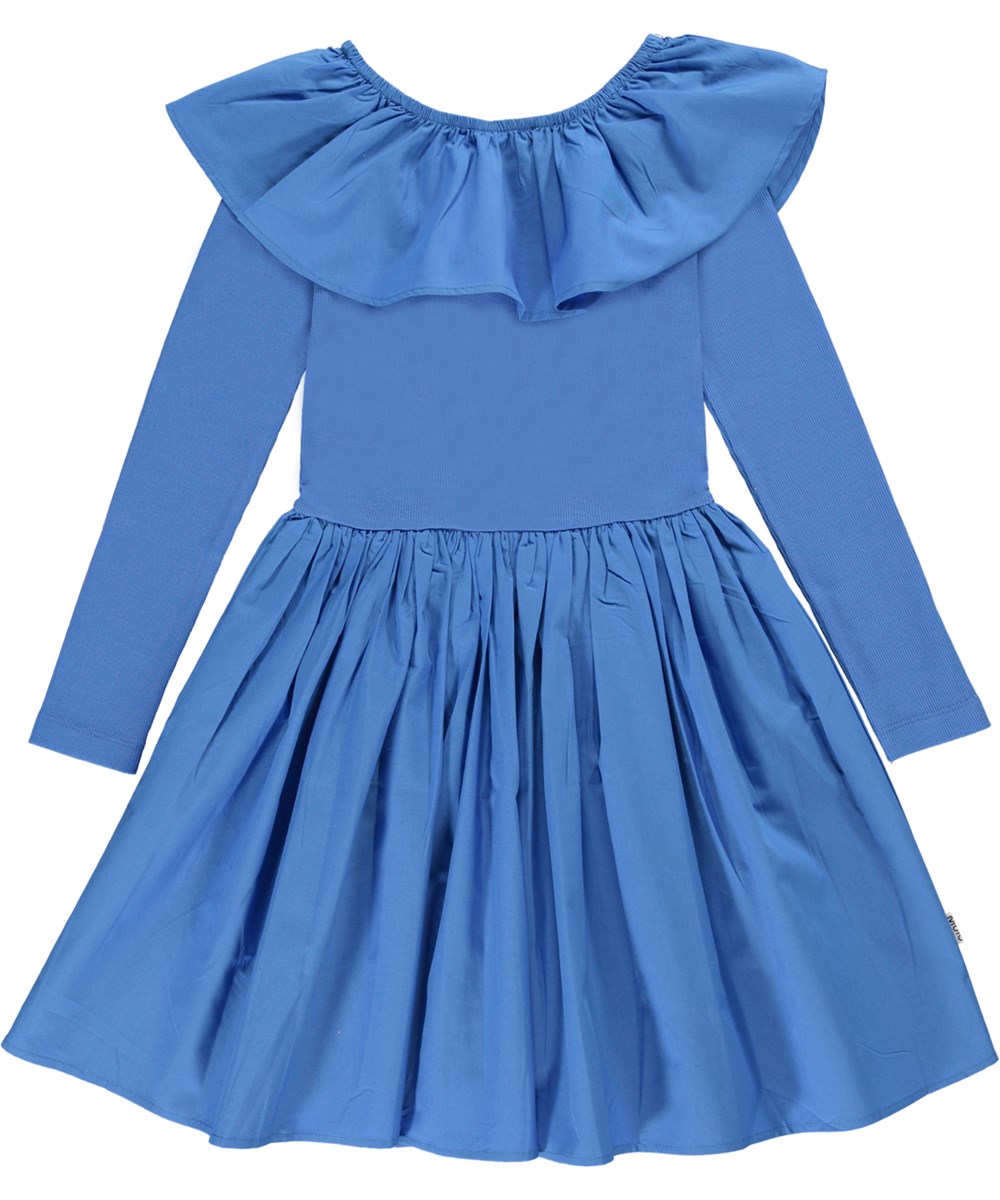 Cille - Stilleben Blue - Ekologisk blå klänning med volangkrage.