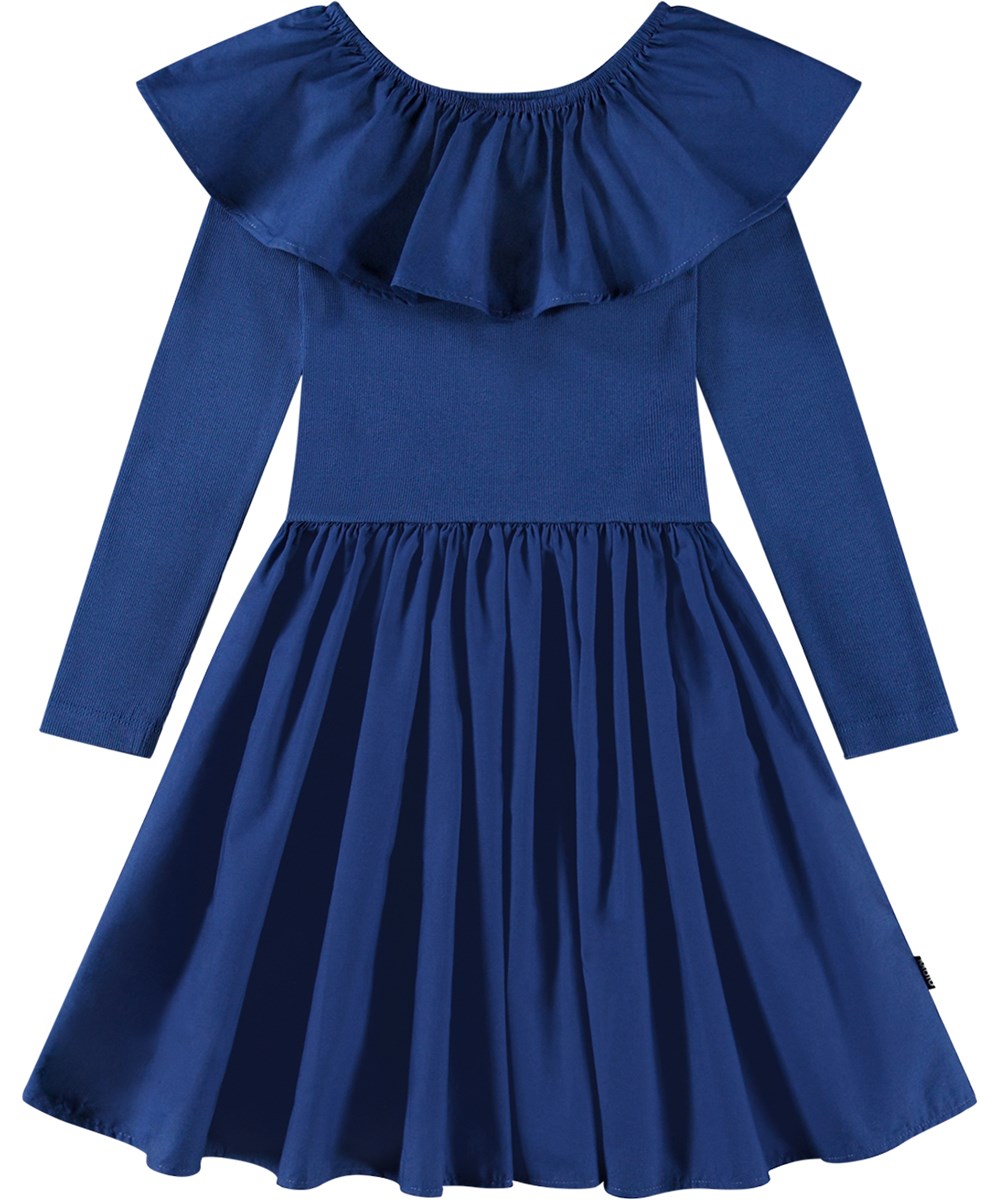 Cille - Vibrant Blue - Axelbandslös mörkblå knälång klänning med åtsittande topp och voluminös kjol.