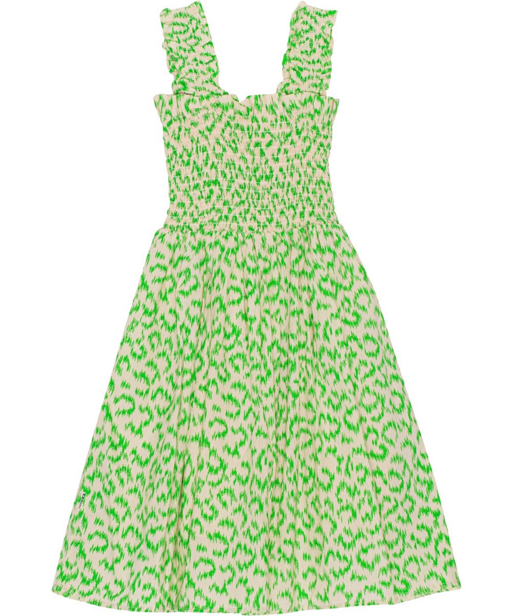 Cippe - Green Leo - Knälång klänning med grönt leopardmönster.