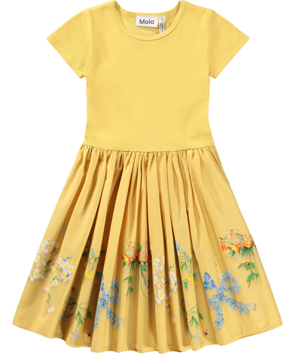 Cissa - Dressy Bows - Gul klänning för barn i ekologisk bomull med blommönster
