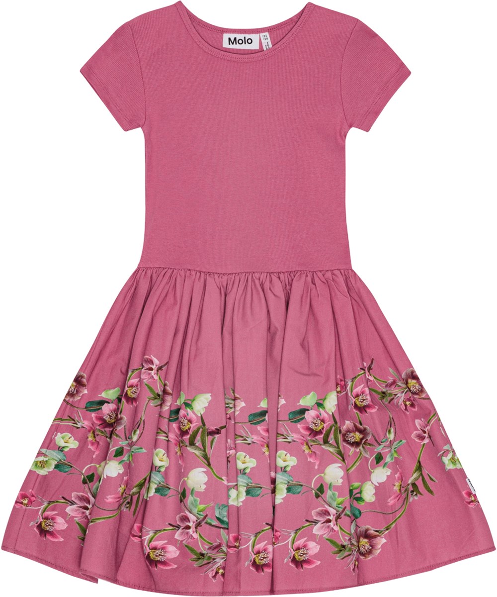 Cissa - Wavy Roses - Rosa ekologisk bomullsklänning med tajt ribbad topp och blommigt tryck på kjolen.