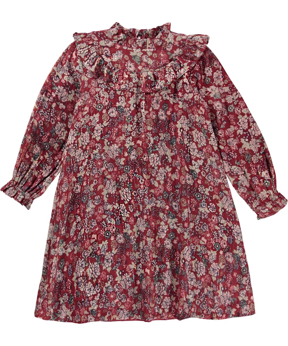 Clair - Velvet Bloom - Mörkröd höghalsad klänning med blommor.