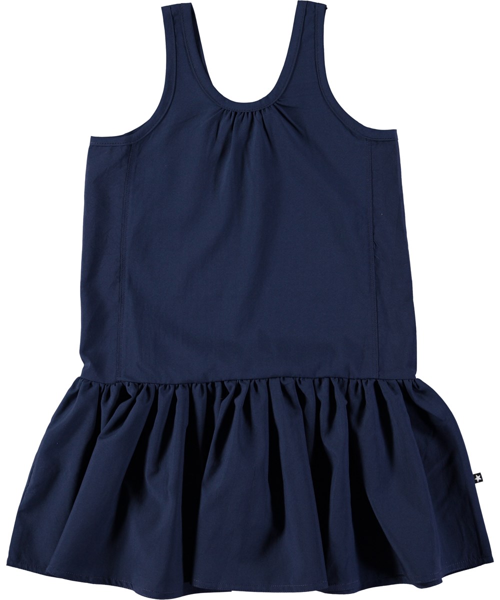 Clary - Classic Navy - Mörkblå klänning utan ärmar med volang