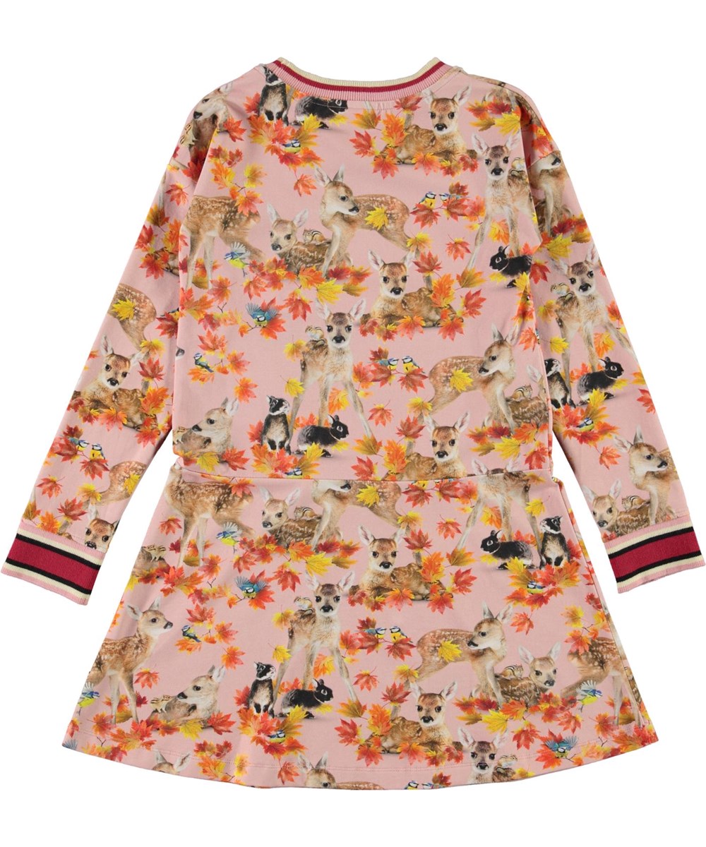 Conny - Autumn Fawns - Ekologisk rosa klänning med rådjur och löv