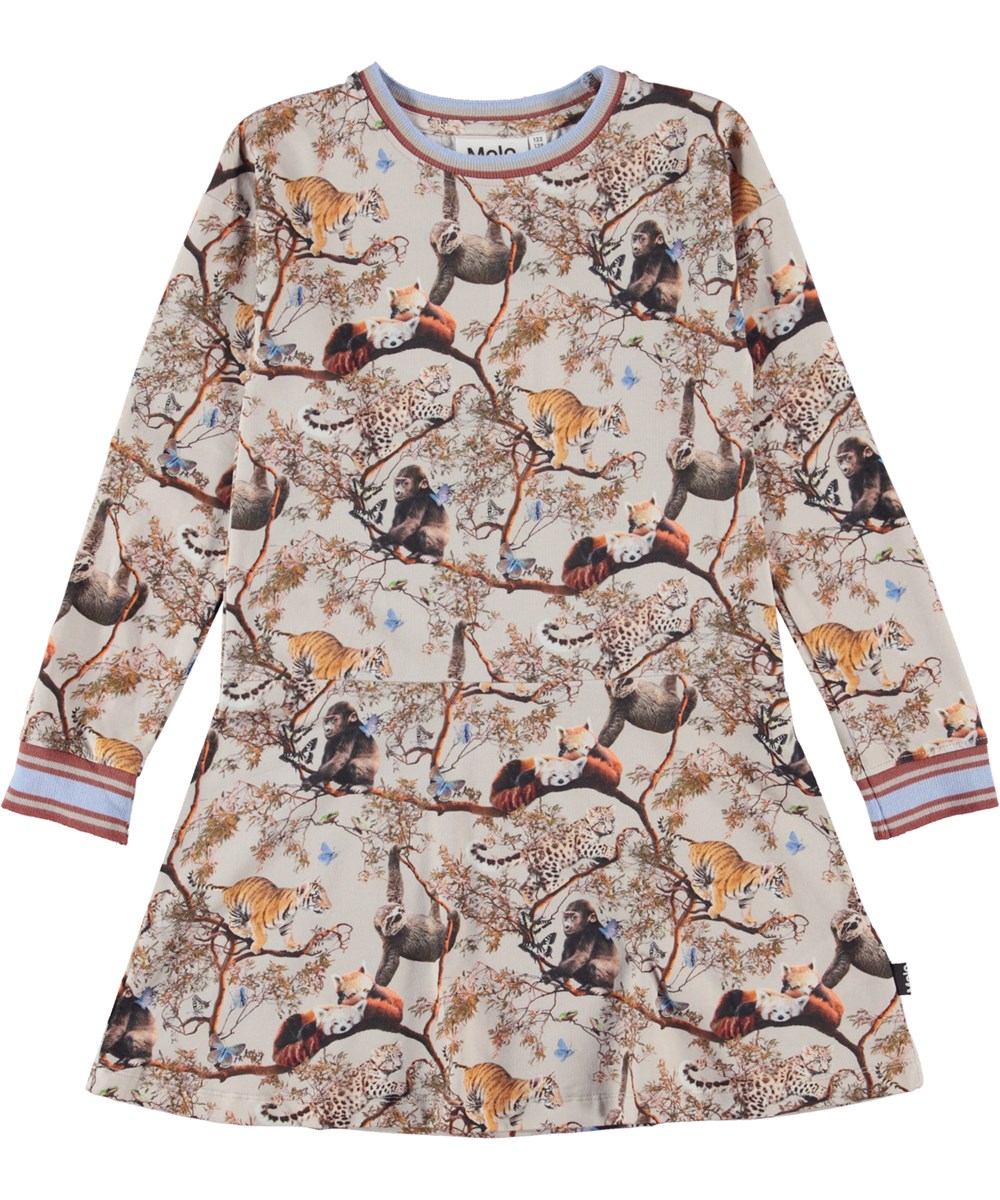 Conny - Cubs Harmony - Ekologisk beige långärmad jerseyklänning med djurungar.