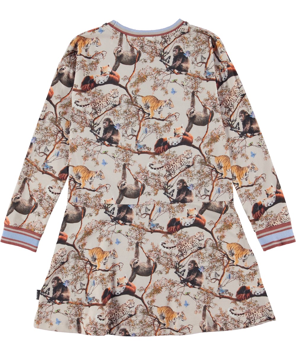 Conny - Cubs Harmony - Ekologisk beige långärmad jerseyklänning med djurungar.