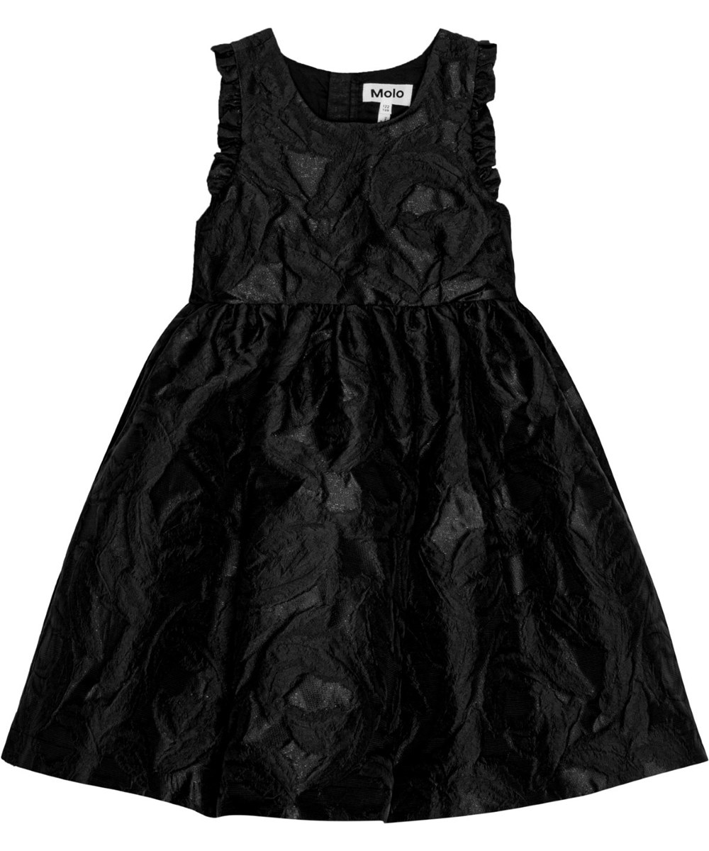 Cortney - Black - Elegant svart knälång klänning med fina volangkanter och jacquardväv.