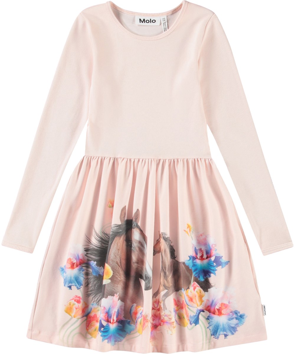 Credence - Horses - Rosa långärmad klänning för barn i ekologisk bomull, kombinerar en åtsittande topp i ribbad jersey med en slät jerseykjol.