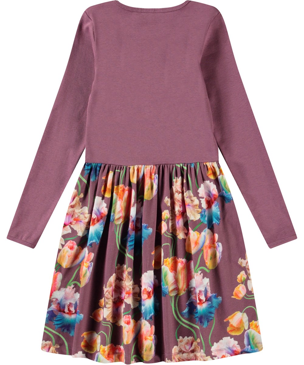 Credence - Rainbow Tulips - Lila långärmad klänning för barn i ekologisk bomull, kombinerar en åtsittande topp i ribbad jersey med en slät jerseykjol.