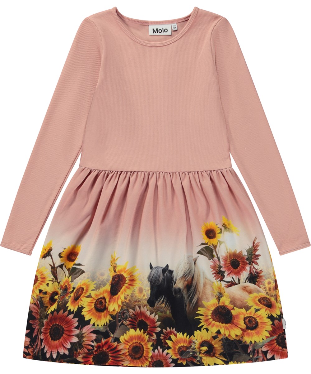 Credence - Sunny Ponies - Rosa knälång ekologisk klänning med blommor och ponnys.