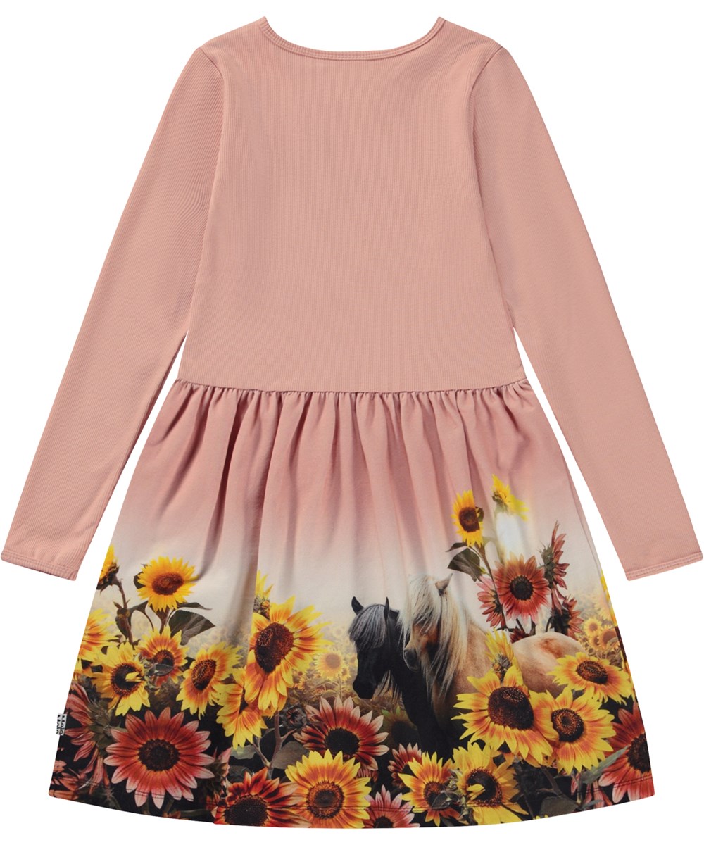 Credence - Sunny Ponies - Rosa knälång ekologisk klänning med blommor och ponnys.