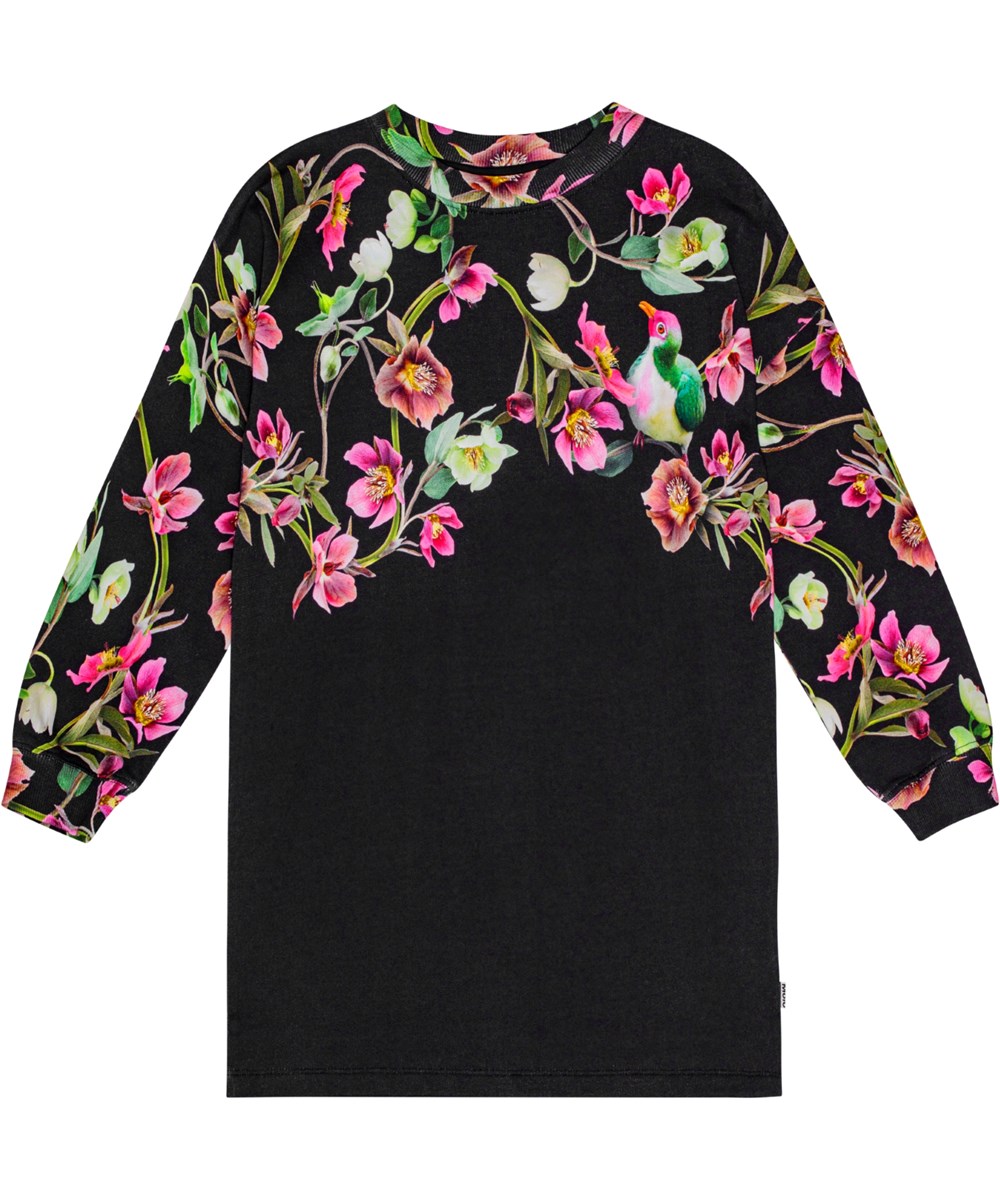 Cyrella - Night Dove - Knälång svart jerseyklänning i mjuk ekologisk bomull med blommigt mönster.