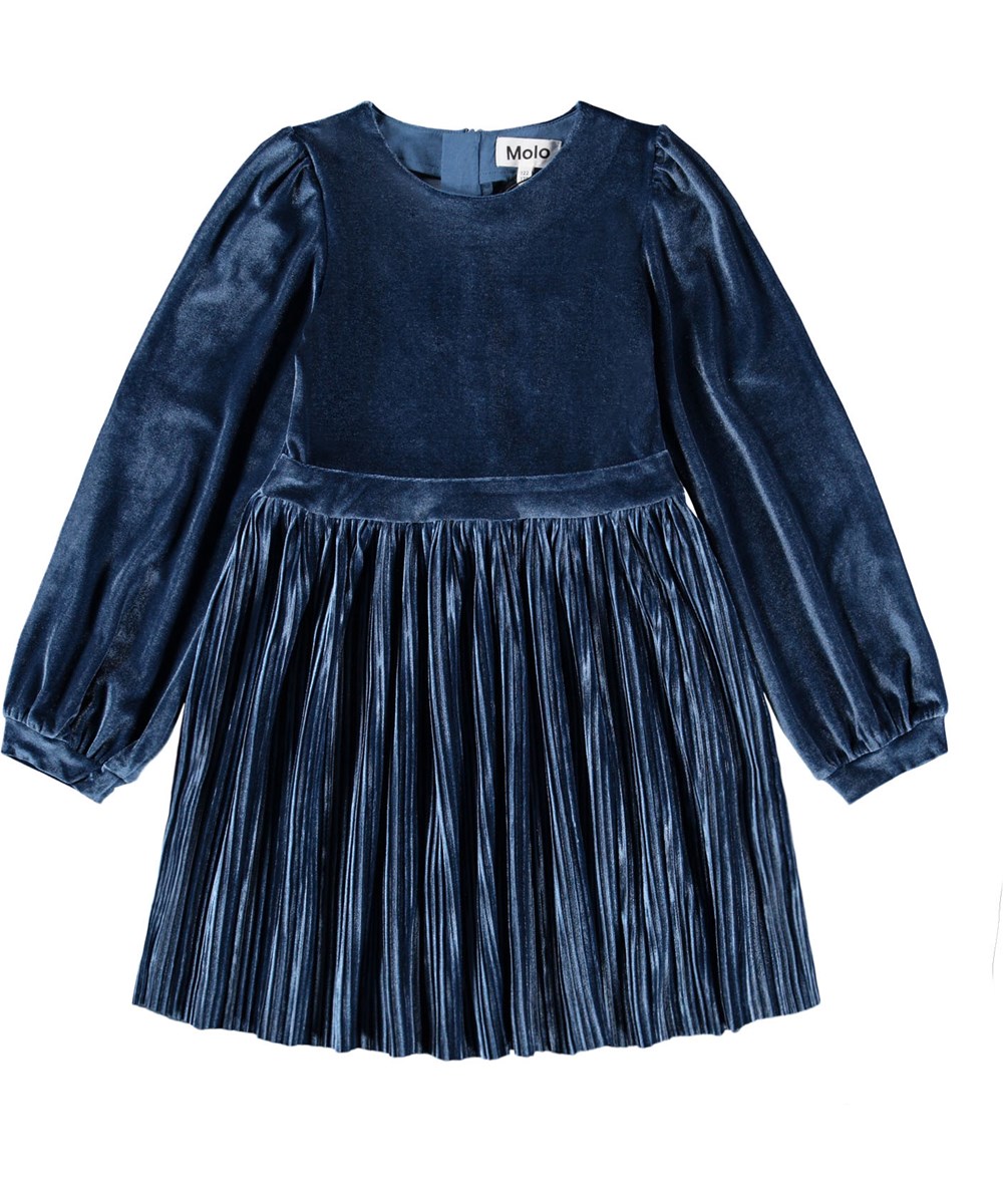 Cyrilli - Mystic Blue - Knälång blå klänning för barn i velour med en vacker veckad kjol.