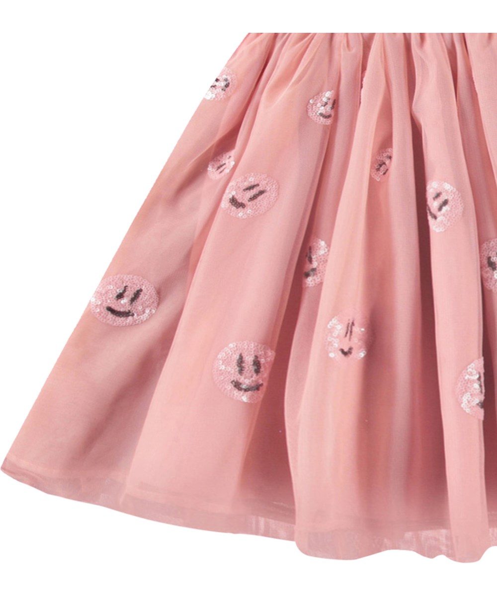 Cyrusila - Charlotte Pink - Rosa klänning för barn med rosa tyllkjol och paljettsmileys.