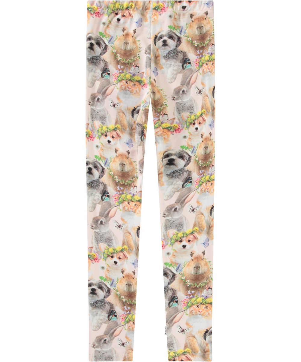 Niki - Festival Friends - Rosa leggings med tryck för barn i stretchig ekologisk bomull med resår i midjan.